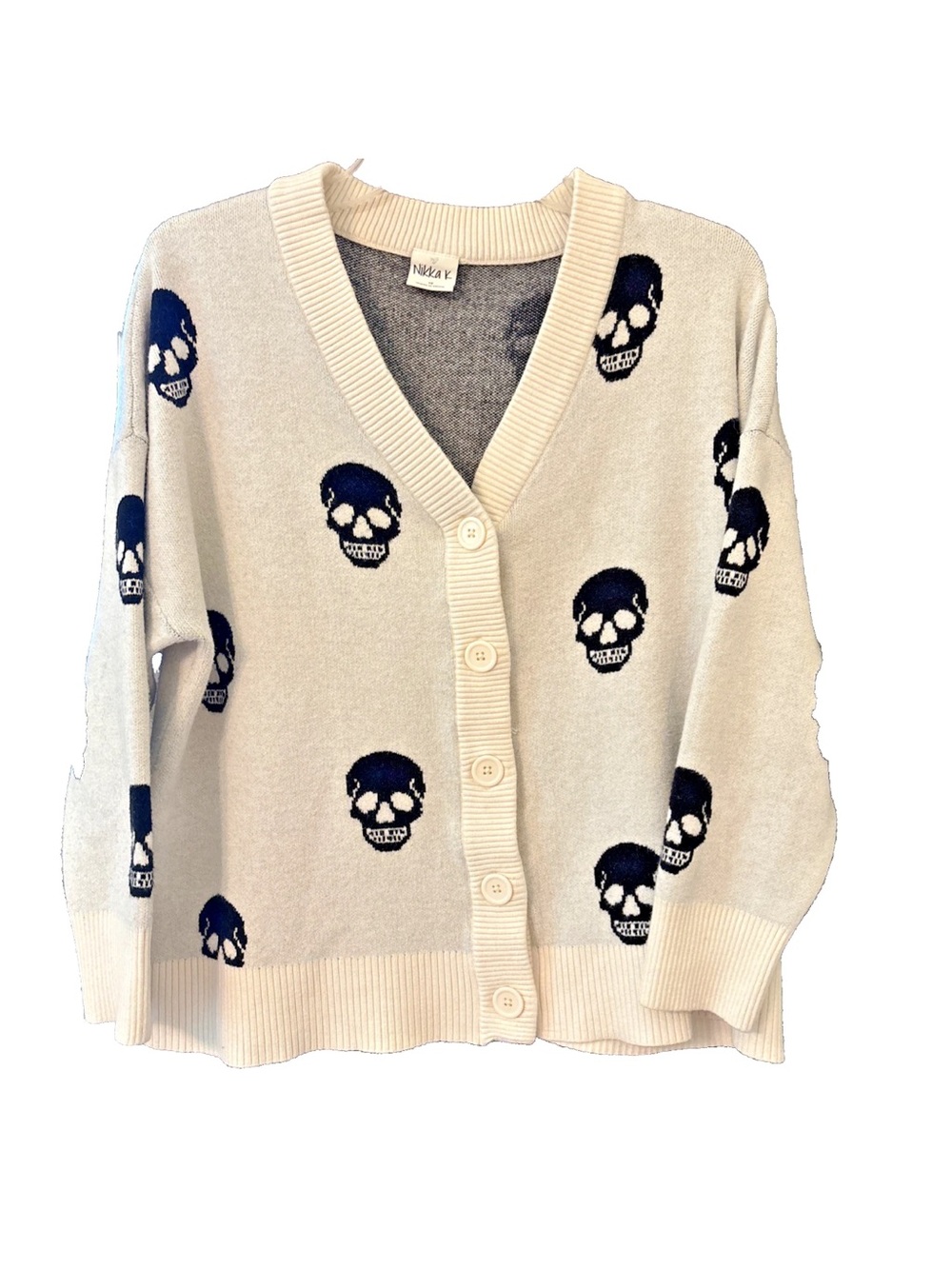 Nikka K Skull Sweater Cardigan 1X Ivory Black Button Front Goth Halloween Plus